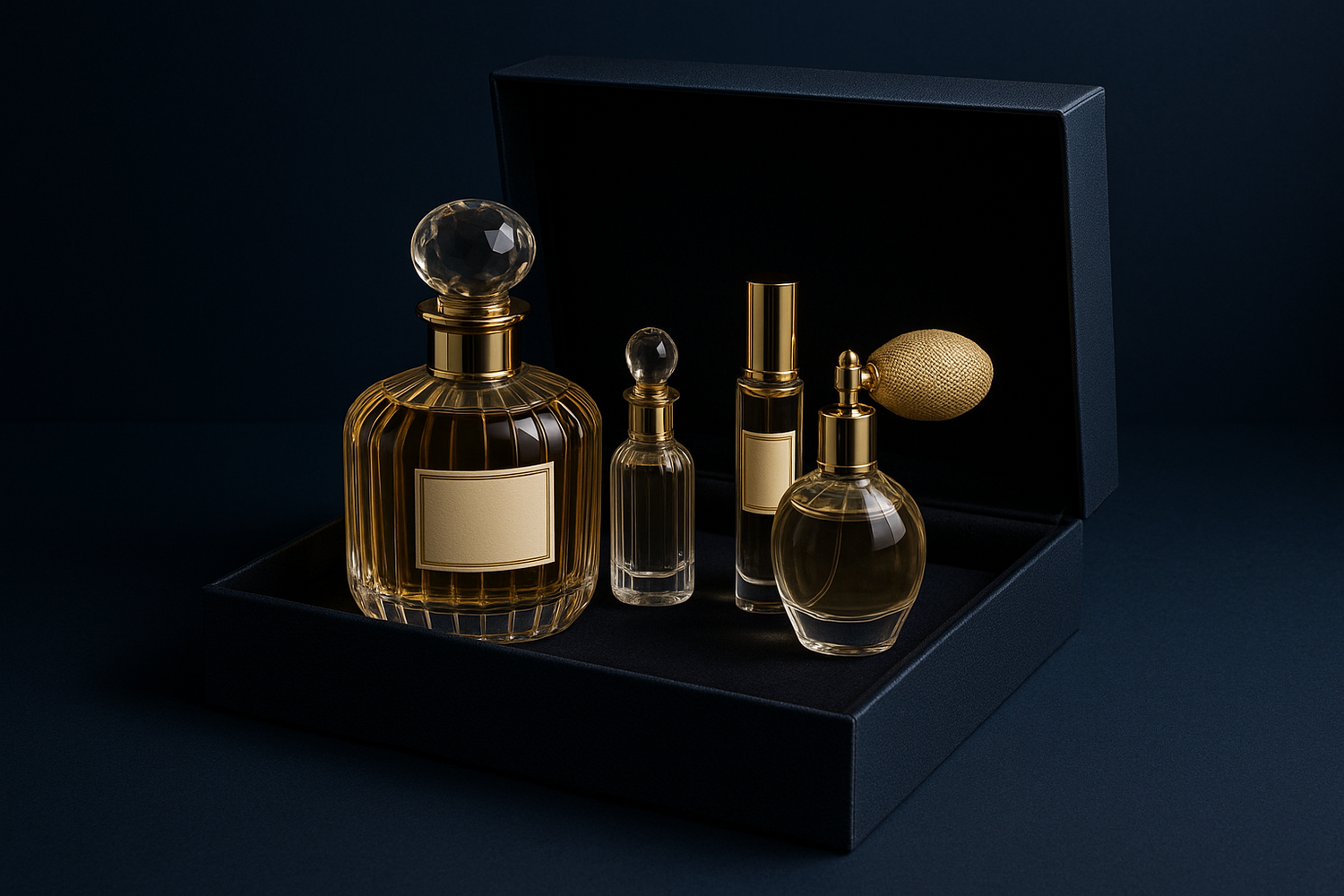 design a gift set of perfume with dark blue background 
