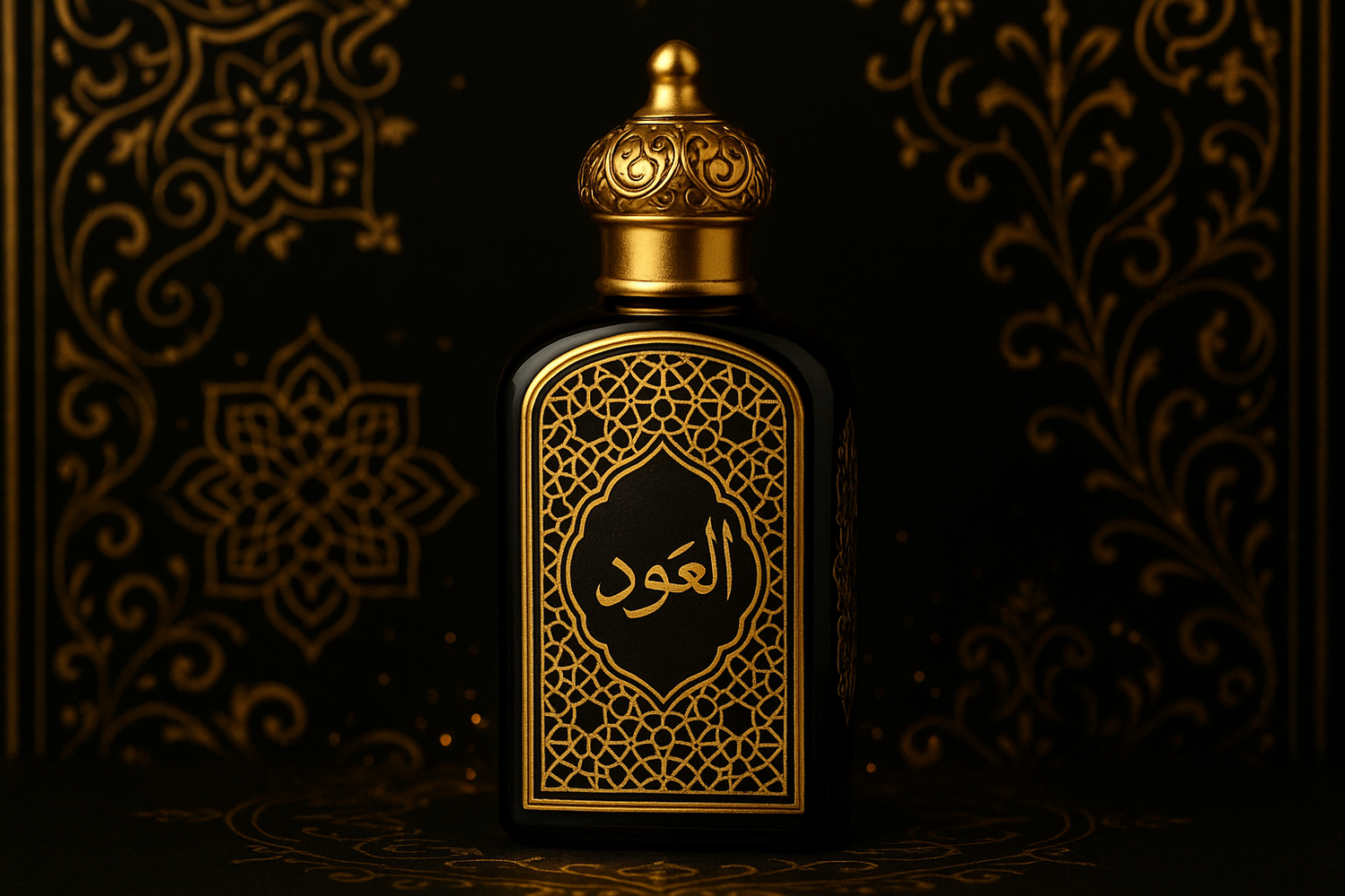 design a single arabic attar with golden  and black background 
